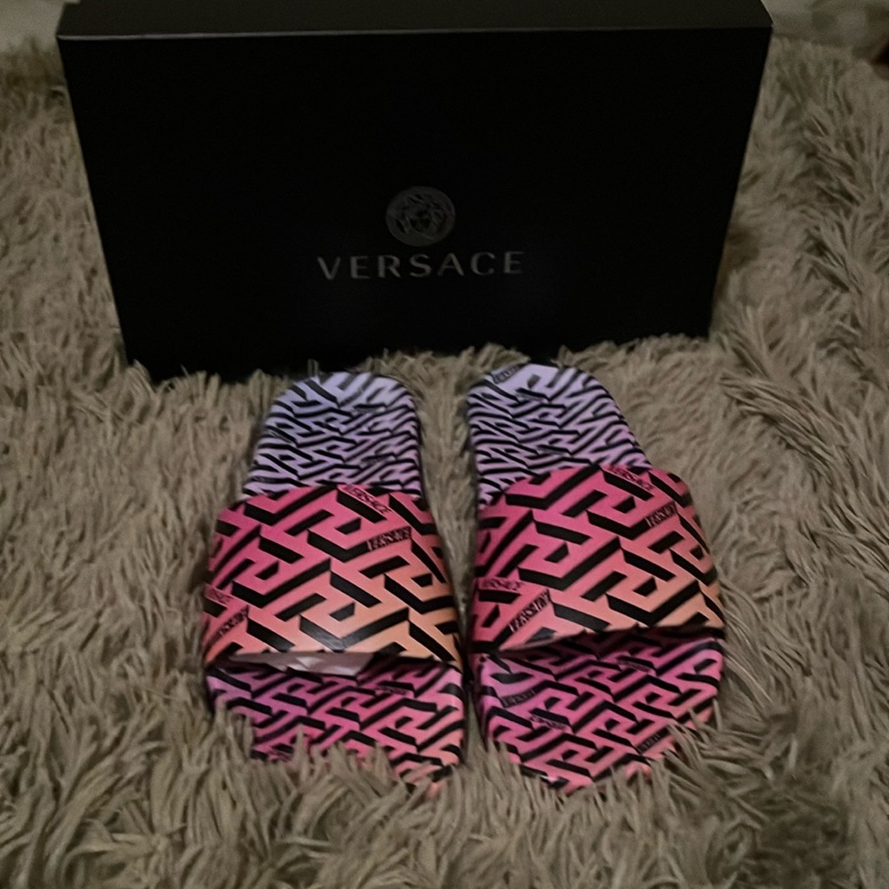 Versace Women's Rainbow Logo Print Multi-Color Pool Slide Flip Flops Shoes